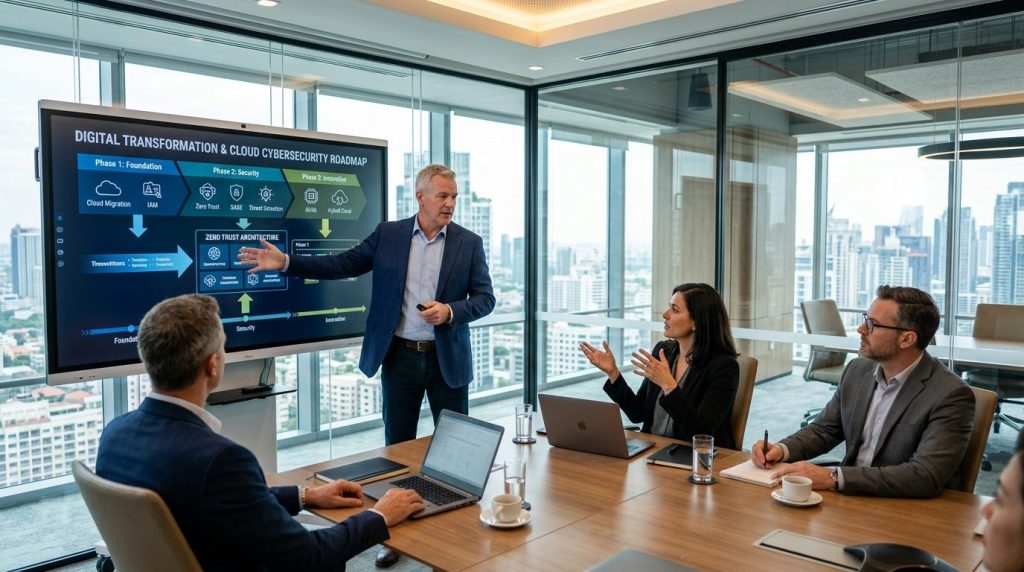 Senior enterprise IT architect presenting cloud and cybersecurity roadmap in corporate boardroom